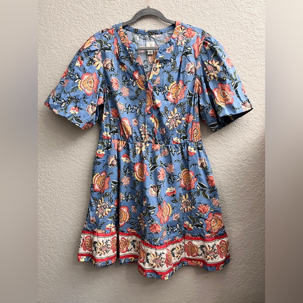 Joie Baja Floral Puff Sleeve Mini Flare Dress Blue Pink Sz 14